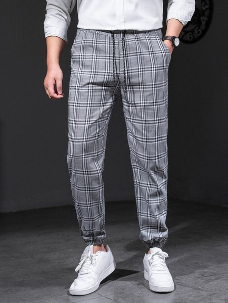 

men plaid drawstring waist pants 03rt#, Black