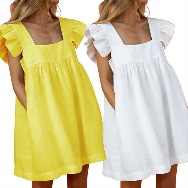 

womens dresses women casual square neck sleeveless ruffled straps pockets loose mini dress drop shipping good quality, Black;gray