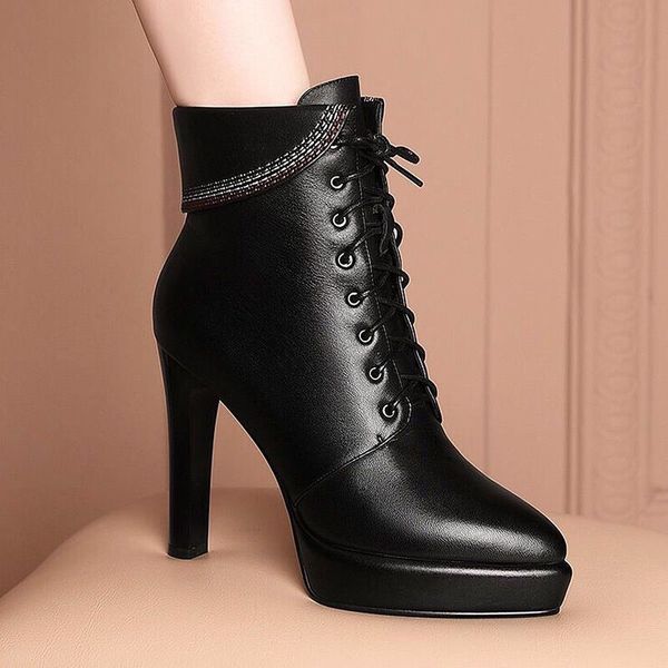 

fhanchu cowhide genuine leather women short boots2022 new winter shoesplatforms ankle botaspointed toeblackdropshipping, Black