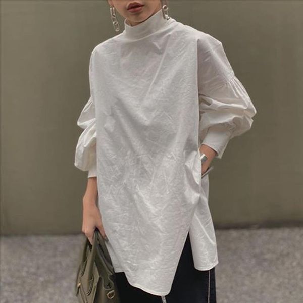 

office casual white korean blouse shirt women clothing ladies stand collar solid lantern long sleeve spring long blouses