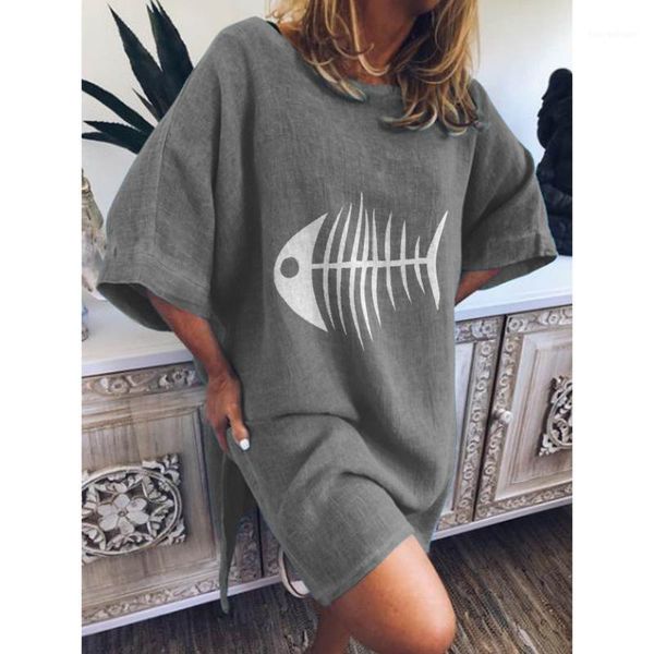 

casual dresses summer women dress funny fish bone print lady vintage printed o-neck blouse short sleeve shirt loose vestido1, Black;gray