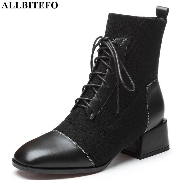

allbitefo natural genuine leather+knitting wool women boots comfortable korean edition fashion girls ankle boots autumn winter, Black
