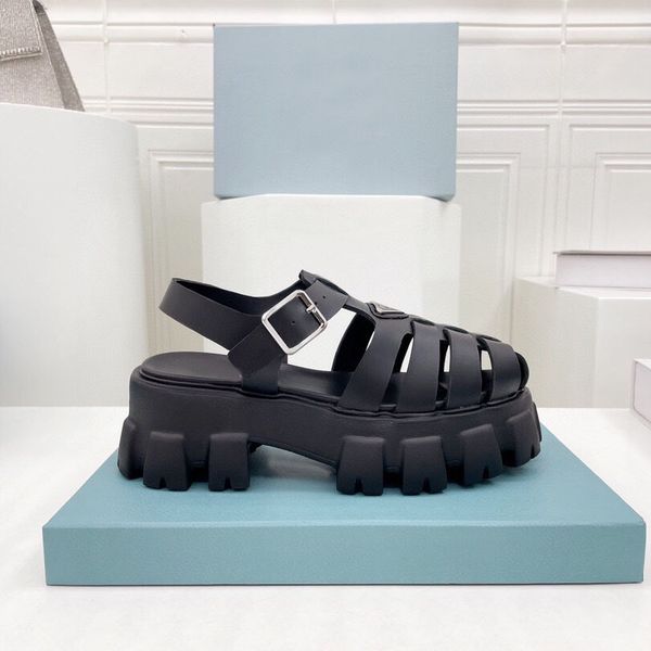 

designer classic black round toe genuine leather sandals women summer fashion comfortable thick sole leisure vacation beach shoes 2022