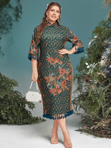 

plus mandarin collar tassel trim floral dress y4aw#, Black