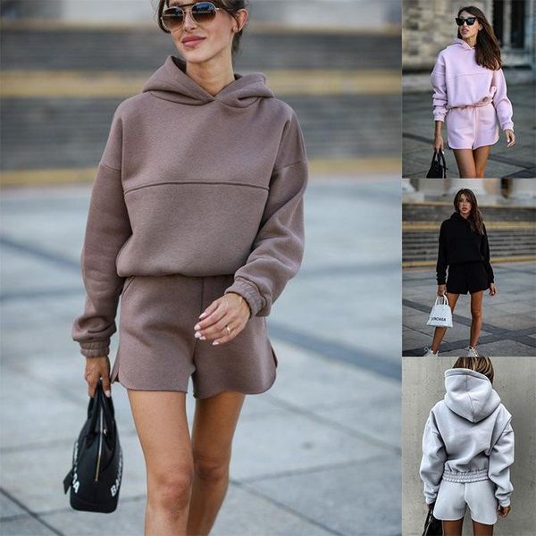 

women's tracksuits 2pcs women autumn outfits solid-color long-sleeves hoodie + high-waist shorts with pockets for ladies, Gray