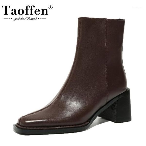 

boots taoffen women short real leather fashion zipper warm winter shoes woman high heel boot office lady shoe size 34-391, Black