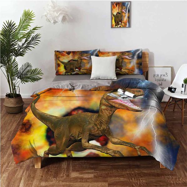 

dramatic catastrophe destruction background with allosaurus fragilis illustrationbedding 3-piece set