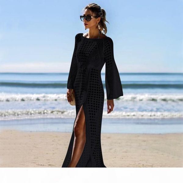 

crochet maxi dresses women white knitted beach cover up dress tunic long pareos bikinis cover ups swim robe plage beachwear, White;black