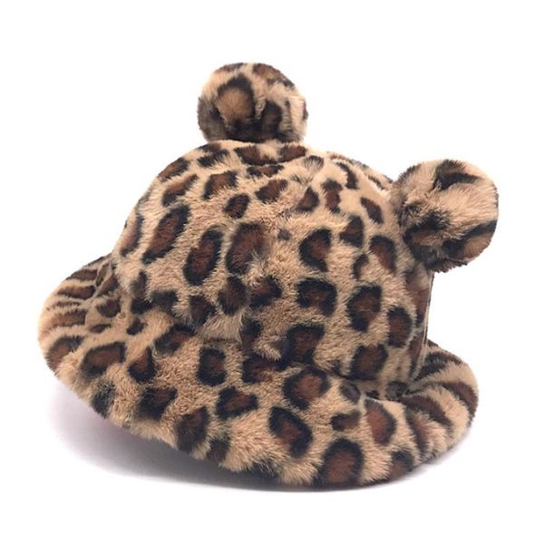 

2021 winter fashion leopard bear ear bucket hat women thick warm faux fur fishing caps bob girls plush soft panama winter hat, Blue;gray