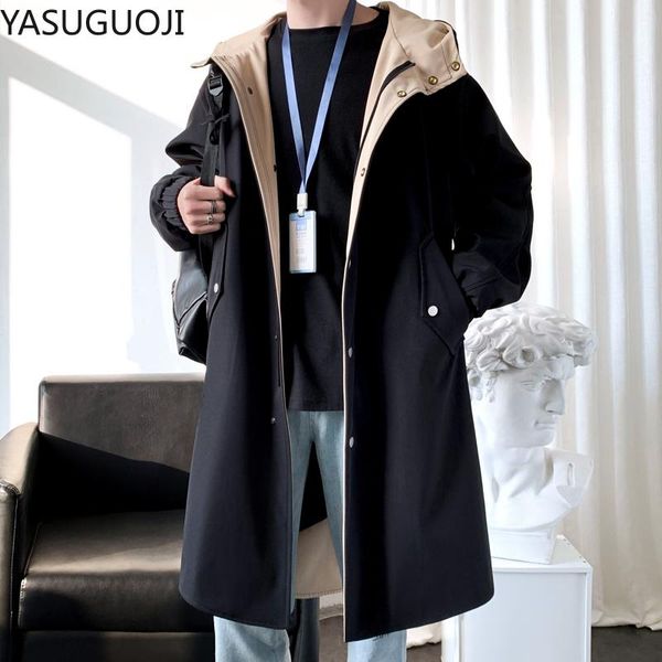 

yasuguoji men windbreaker trench coat 2021 spring new jackets loose long coat with hooded korean trend handsome knee trenchcoat, Tan;black