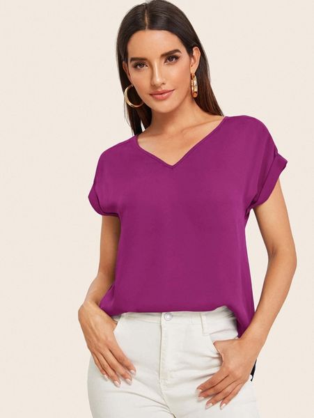 

solid v-neck rolled sleeve j5pn#, White