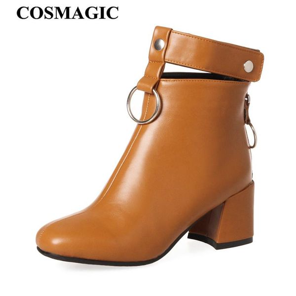 

boots cosmagic 2021 women round buckle ankle high heel zipper toe square short botas mujer, Black