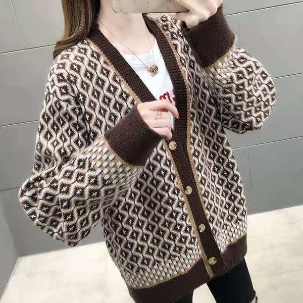

women casual long sweater classic lattice letter pattern button cardigan womens knitted autumn winter womans clothes, White;black