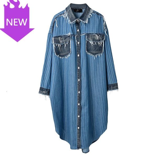 

long sleeve loose fit fashion tide spring autumn 2021 women blue denim burr striped big size shirt dress new lapel, Black;gray