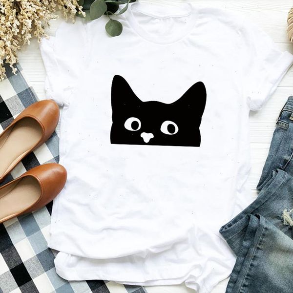 

women lady cartoon cat face summer autumn 90s style print t tee womens tshirt for female shirt clothes graphic t shirt, White