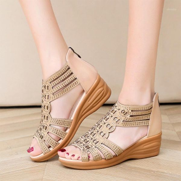 

summer women roman sandals female fashion crystal shoes ladies open toe wedges women's solid comfortbale footwear1, Black