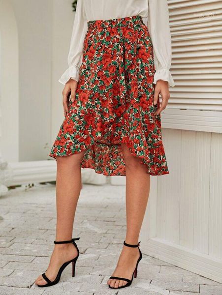 

elegant women floral print high waist ruffles skirts summer 2020 new fashion casual asymmetrical long skirt beach holiday female1, Black