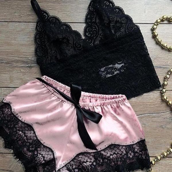 

women satin pajama black lace v neck sleepwear pyjamas ladies sleeveless cute cami and shorts, White