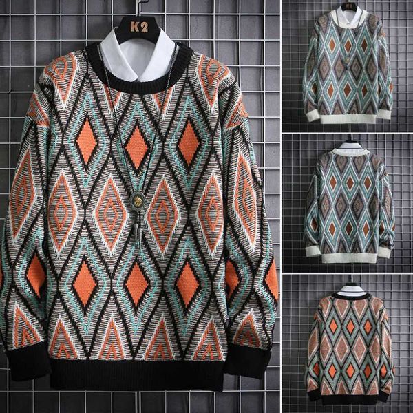 

men's sweaters autumn and winter casual round neck color matching diamond plaid loose pullover long sleeve sweater soft bottoming shirt, White;black