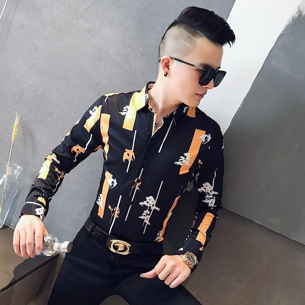 

autumn 2020 new men's printed long sleeve shirt social boys' shirt 301a-1 / cs122 / p551, White;black