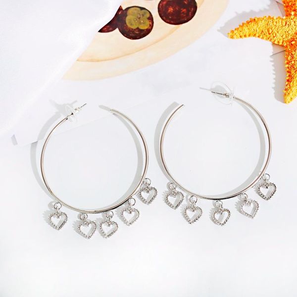 

anqi simple women's metal heart shape tassel hoop earrings korean big circle hoops statement earrings fashion jewelry gifts, Golden;silver