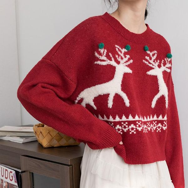 

women's sweaters bornladies elk christmas printed red sweater female winter oversize wear loose o-neck lazy knitting coat, White;black