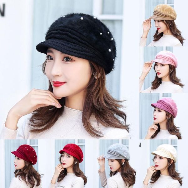 

berets 1pcs fashion simple women warm solid thicken soft wool hat knitted windproof cap with pearls gorros mujer invierno, Blue;gray