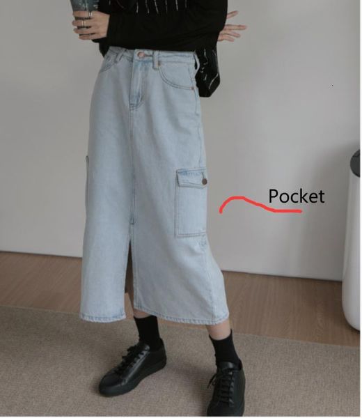 

high waist side pocket vintage denim midi long split jean skirt women fashion korean streetwear casual a-line slim elegant 2021, Black