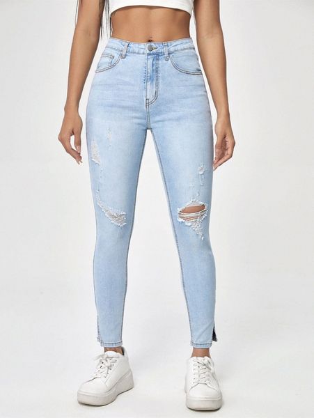 

high waisted slit hem ripped light wash jeans c5ak#, Blue