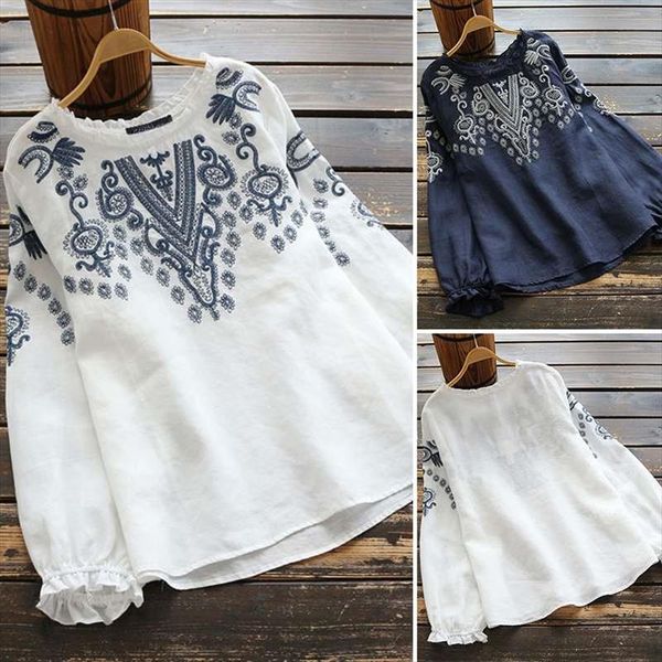 

мода рюкзала рубашки женские вышивка блузка 2020 zanzea повседневная длинный рукав blusas женский o шеи негабаритные цветочные вершины, White