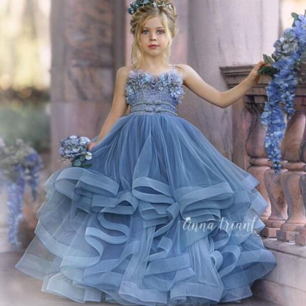 

girl's dresses haze blue flower girl for wedding lace 3d floral appliqued little kids pageant dress tiered skirts vestidos de desfile, Red;yellow