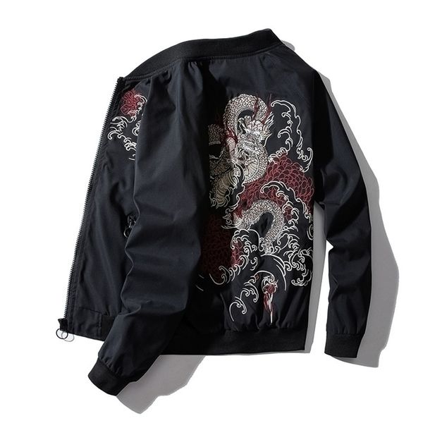 

winter bomber jacket men dragon chinese embroidery pilot jacket retro rock hip hop jacket youth streetwear high street male lj201013, Black;brown