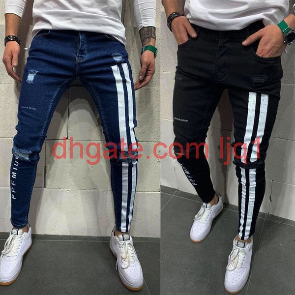 

summer men elastic small leg jeans printing jeans for men slim fit new style black blue pants