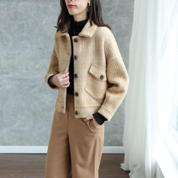 

2021 new womens button up down retro plaid colorblock girls fashion knit woolen shirt jackets outerwear 2ck6, Black