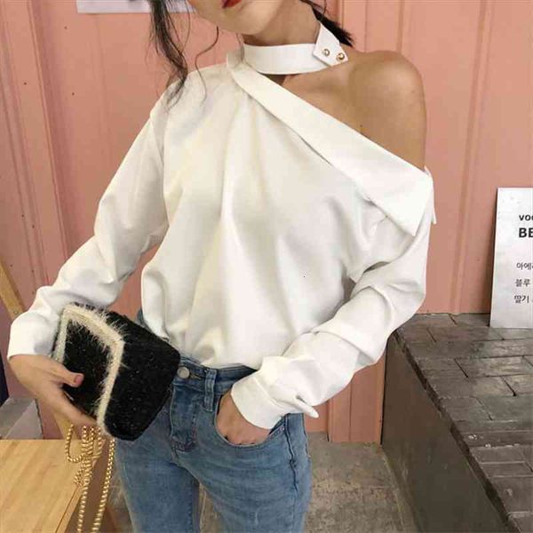 

spring autumn women white blouse casual loose black blouses female long sleeve shirts slash neck shirt blusas ab1269