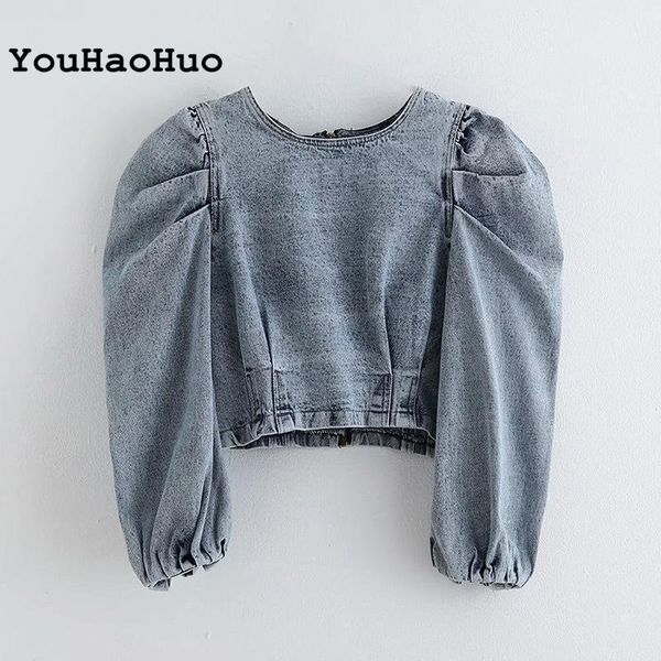 

puff sleeve denim blouse women 2020 vintage o neck pleated short blouse shirts female back zipper chic crop blusas1, White