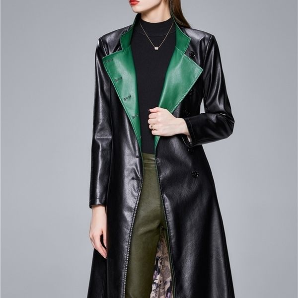 

women black red pleated big size pu leather trench new lapel long sleeve loose windbreaker fashion spring autumn 201031, Tan;black