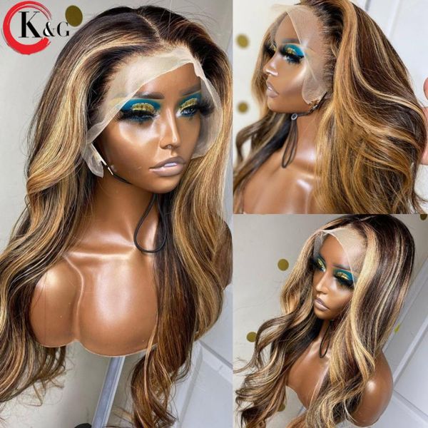 

kungang highlight t-part lace front human hair wigs wave 150% density lace wigs with baby hair brazilian middle ratio non-remy, Black;brown