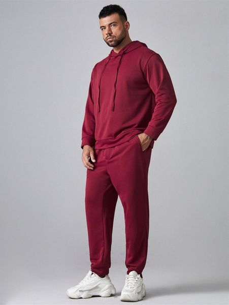 

extended sizes men solid drawstring hoodie & pants set l5a1#, Gray