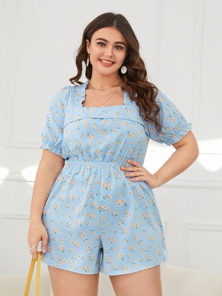 

plus floral print square neck frilled puff sleeve romper r8rq#, Black