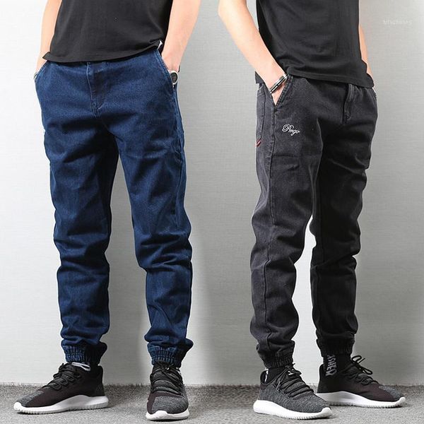 

japanese vintage fashion men jeans black blue loose fit spliced designer harem jeans men cargo pants hip hop joggers1