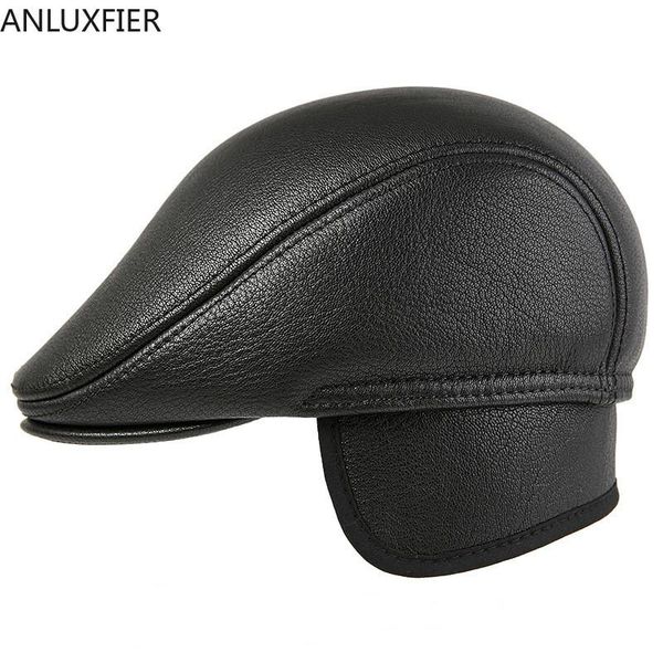 

berets h7591 genuine leather beret hat men middle-aged goatskin cap fall winter forward caps ear protective warm casual hats, Blue;gray