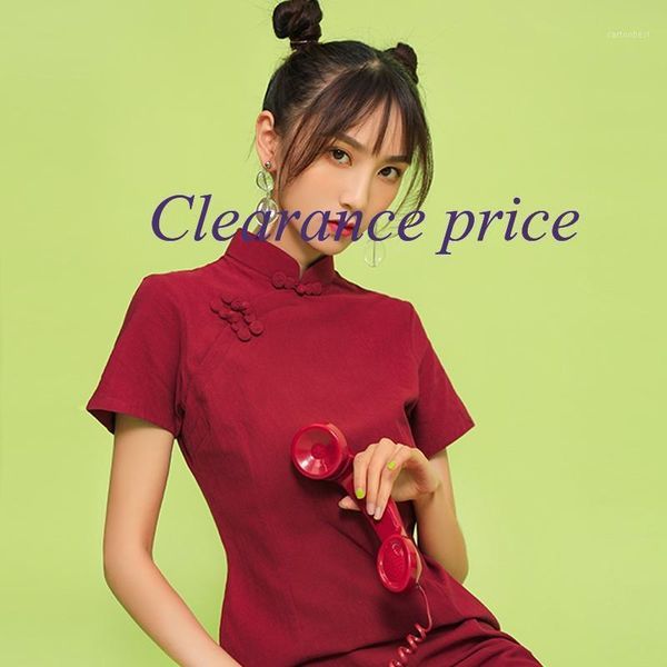 

ethnic clothing 2021 summer pure red vintage chinese traditional improved cheongsam bodycon short-sleeved party night elegant midi dresses q