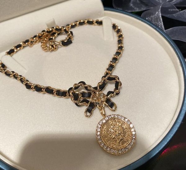 

portrait coin pendant leather cord braided bow necklace choker fashionable retro ladies clavicle chain1, Silver