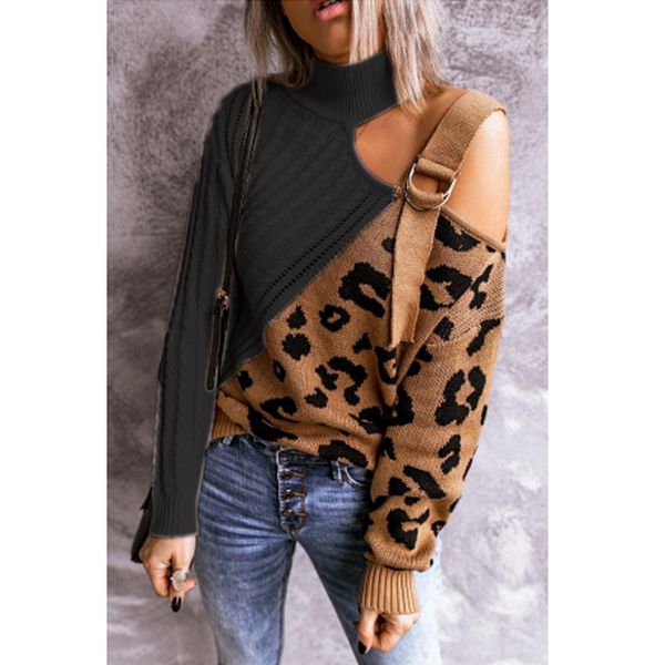 

fall/winter selling cross-border european and american irregular off-the-shoulder stitching leopard print pullover high collar knit, White;black