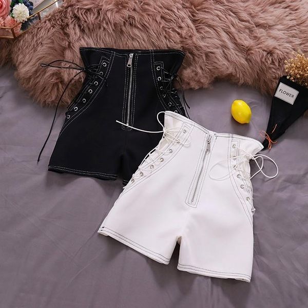 

women shorts black white 2020 spring new wind chic high waist strap stylish wide-legged pure color casual shorts female 6562, White;black