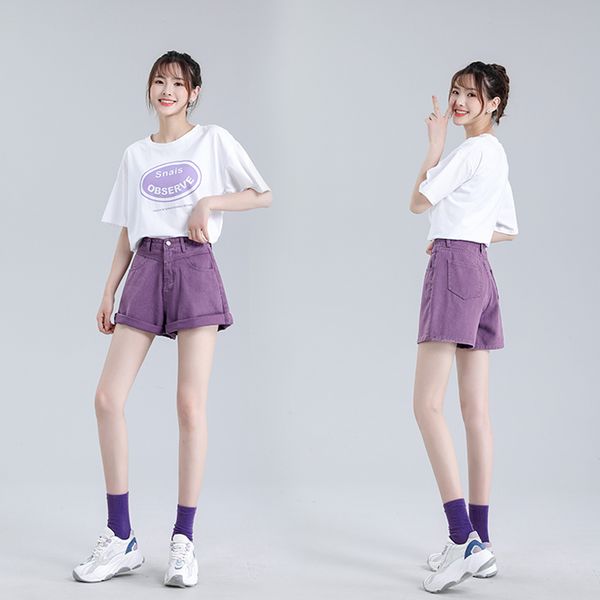 

2021 ss colour denim high wasit wide leg women's shorts 2 colours y1214, Blue