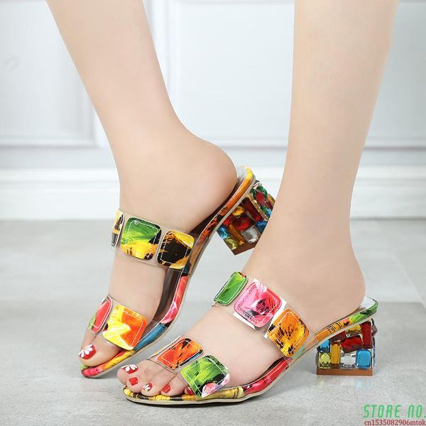 

2021 summer women multi colors sandals fashion high heels open toe beach flip flops ladies crystal heel shoes woman, Black