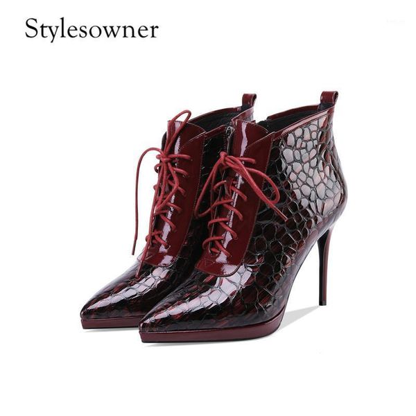 

stylesowner 2020 soft leather hand-made woman boots super high heels 10cm pointed toe stone skin autumn winter boots lace-up1, Black