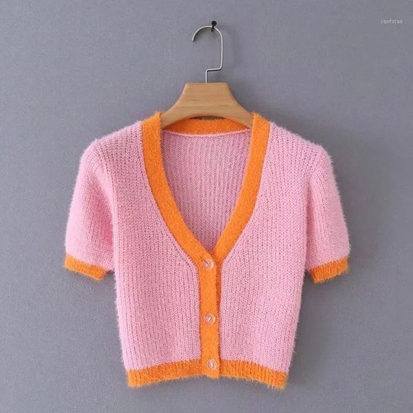 

2020 autumn new women's wear v-neck short sleeves slimming slimming single breasted contrast color sweater short versatile, White